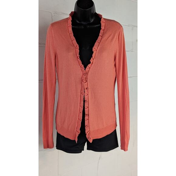 New York & Co Coral Ruffle Trim Cardigan Button Down Sweater  Knit Top Small - Picture 1 of 5